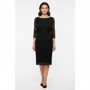 Marina Black Lace Sequin Sheath Dress Women Size 12 Long Sleeve‎ Cocktail Party